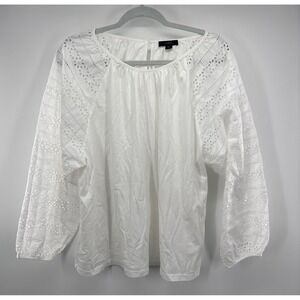 J.CREW XL Eyelet Puff Sleeve Keyhole White Tunic Blouse XL Boho Peasant